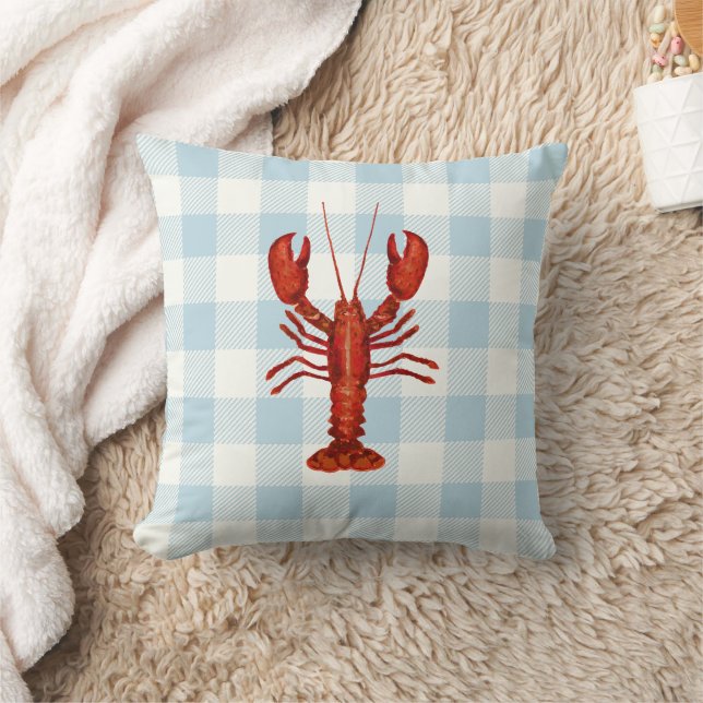 Lobster Blue Gingham Check Coastal Cushion (Blanket)