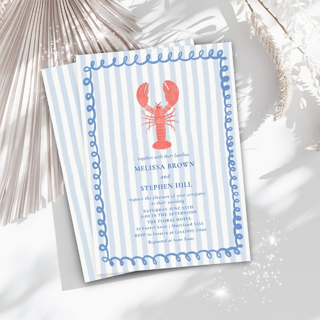 Lobster Blue Stripe Nautical Wedding Invitation (Creator Uploaded)