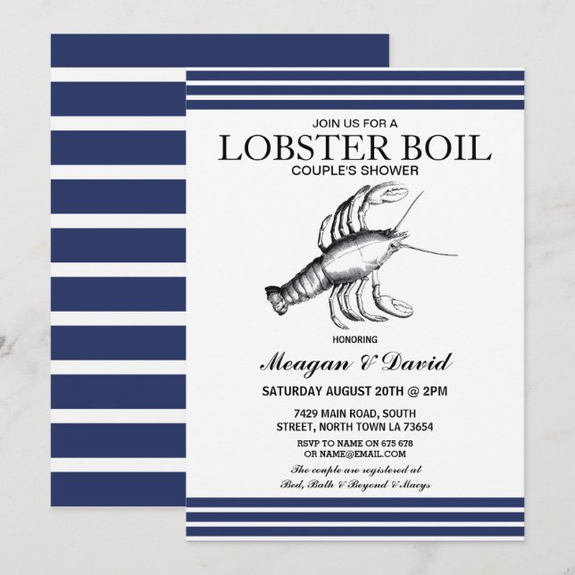 Lobster Boil Engagement Party Stripe Blue Beach Invitation (Front/Back)