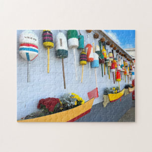 Lobster buoys on a building in Gloucester MA Jigsaw Puzzle