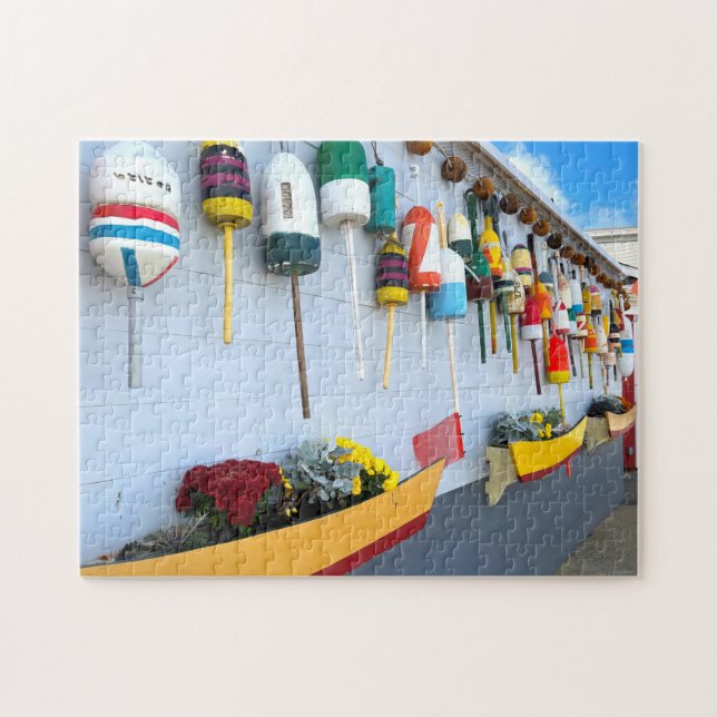 Lobster buoys on a building in Gloucester MA Jigsaw Puzzle (Horizontal)
