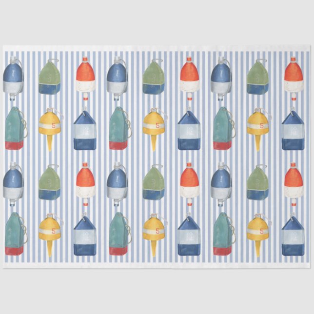Lobster buoys on blue stripe decoupage paper (Front)