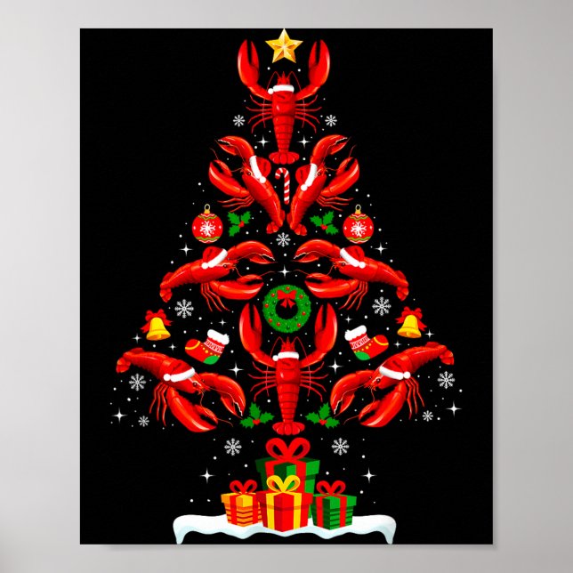 Lobster Christmas Tree Lights Santa Hat Funny Xmas Poster (Front)