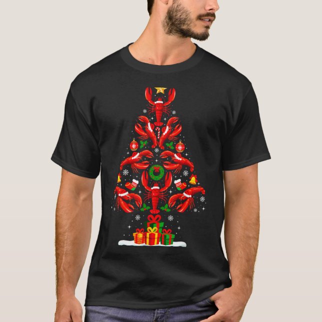 Lobster Christmas Tree Lights Santa Hat Funny Xmas T-Shirt (Front)