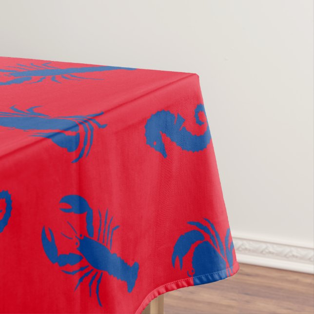 Lobster crab seahorse blue red pattern tablecloth (In Situ)