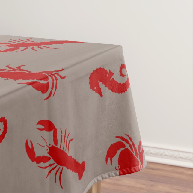 Lobster crab seahorse crimson greige pattern tablecloth (In Situ)