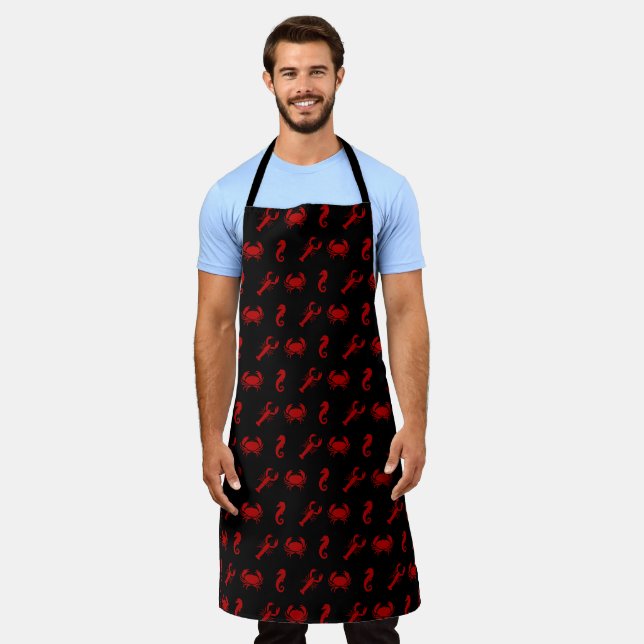 Lobster crab seahorse red black pattern kitchen apron (Worn)