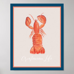 Lobster Crawfish Crustacean Watercolor Earthy Poster