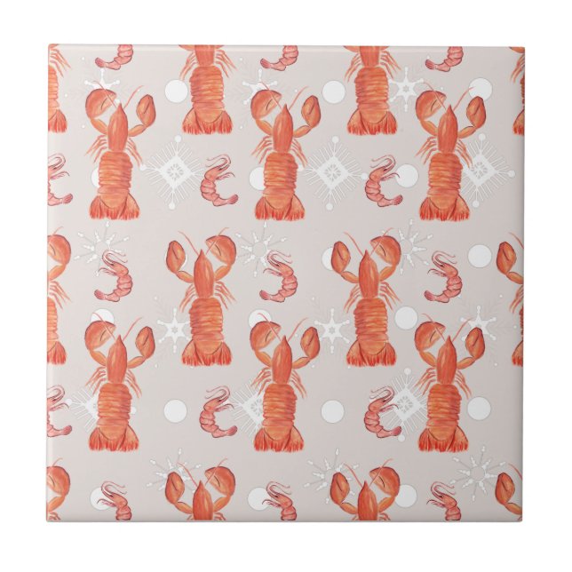 Lobster Crustacean Watercolor Snowflake Pattern Ceramic Tile (Front)