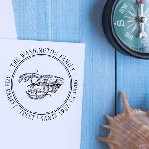 Lobster Drawing   Round Family Name Return Address Self-inking Stamp