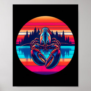 Lobster Fishing Sunset Retro Style Vintage 80s 70s Poster