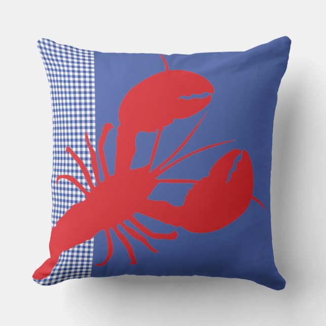 Lobster Gingham Red White Blue Coastal Maine Fun Cushion (Front)