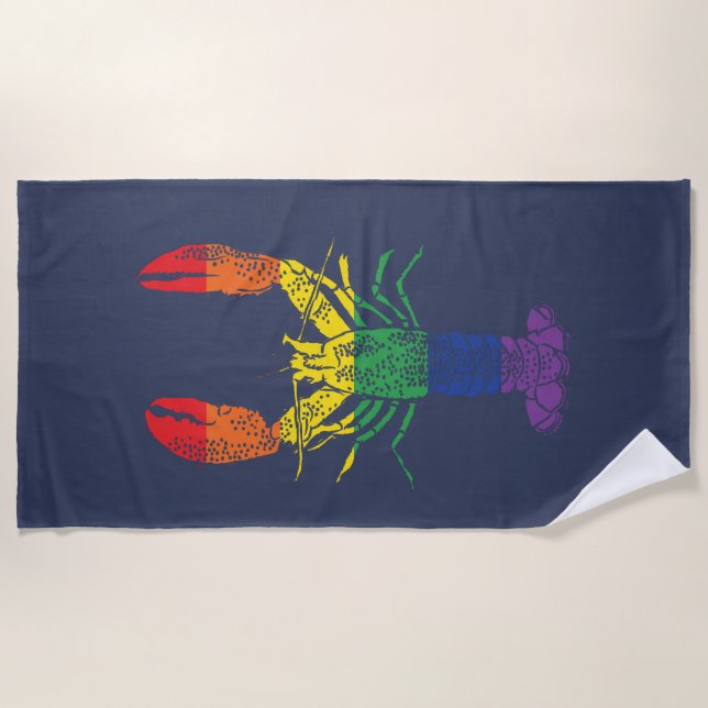 Lobster Graphic with Pride Rainbow Stripes Beach Towel (Front)