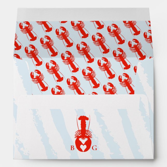 Lobster Heart Blue Stripes Nautical Beach Wedding  Envelope (Back (Bottom))