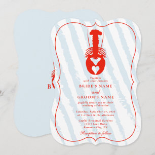Lobster Heart Blue Stripes Nautical Beach Wedding Invitation