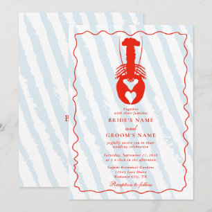 Lobster Heart Blue Stripes Nautical Beach Wedding Invitation