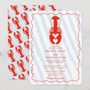 Lobster Heart Blue Stripes Nautical Beach Wedding Invitation