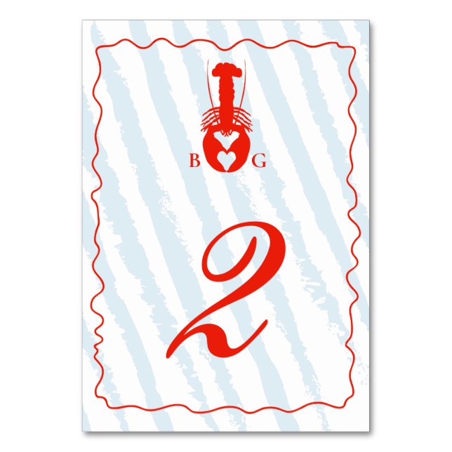 Lobster Heart Blue Stripes Nautical Beach Wedding Table Number (Front)