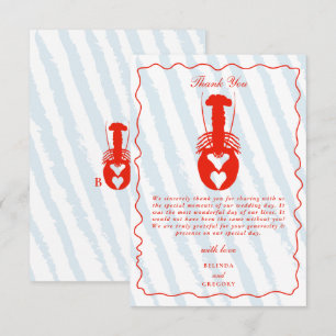 Lobster Heart Blue Stripes Nautical Beach Wedding Thank You Card