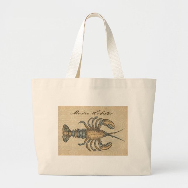 Lobster Illustration Antique Maine Seafood Large Tote Bag (Front)