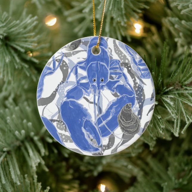 Lobster in Blue Throw Pillow Ceramic Ornament (Tree)