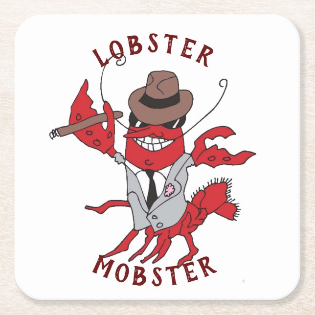 Lobster Mobster 🦞 Funny Cartoon Gangster Square Paper Coaster (Front)