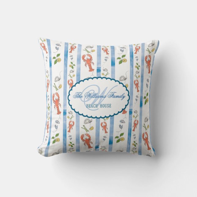 Lobster Name Monogram Nautical Beach Rental House Cushion (Front)
