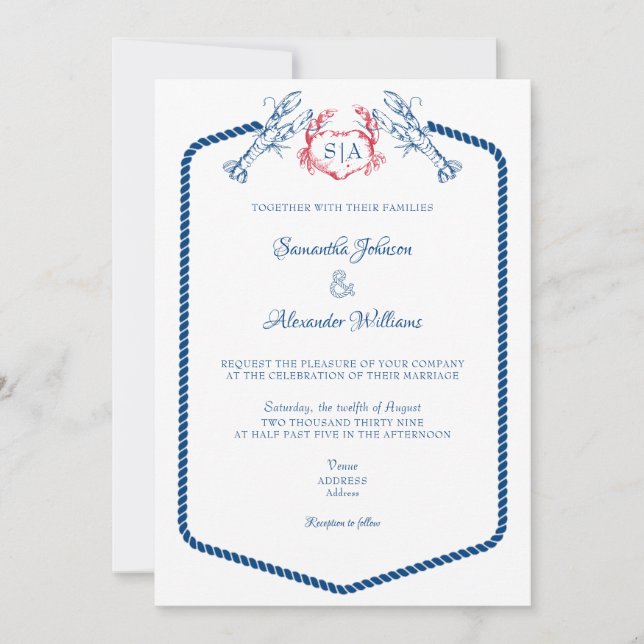 Lobster Nautical Monogram Script Navy Wedding Invitation (Front)