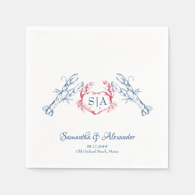 Lobster Nautical Monogram Script Navy Wedding Napkin (Front)
