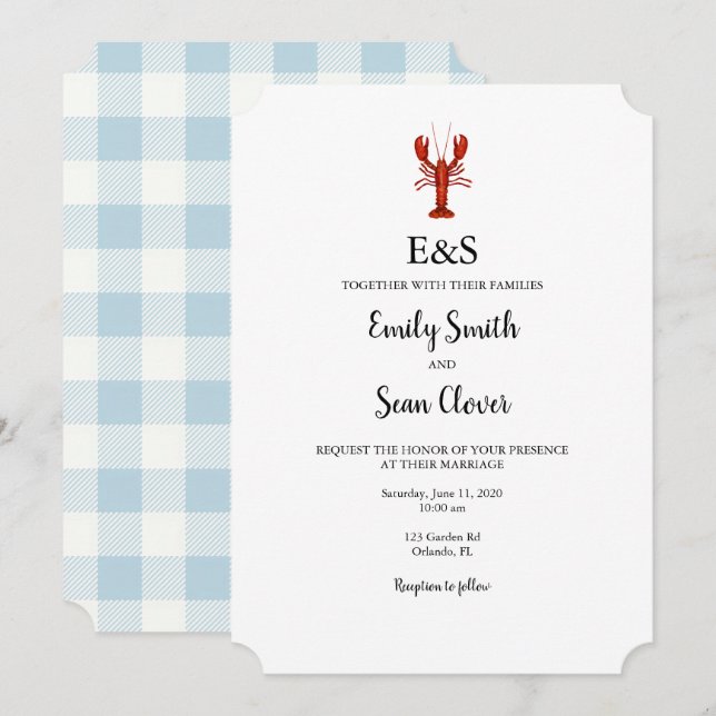 Lobster Nautical Wedding Monogram Blue Gingham Invitation (Front/Back)