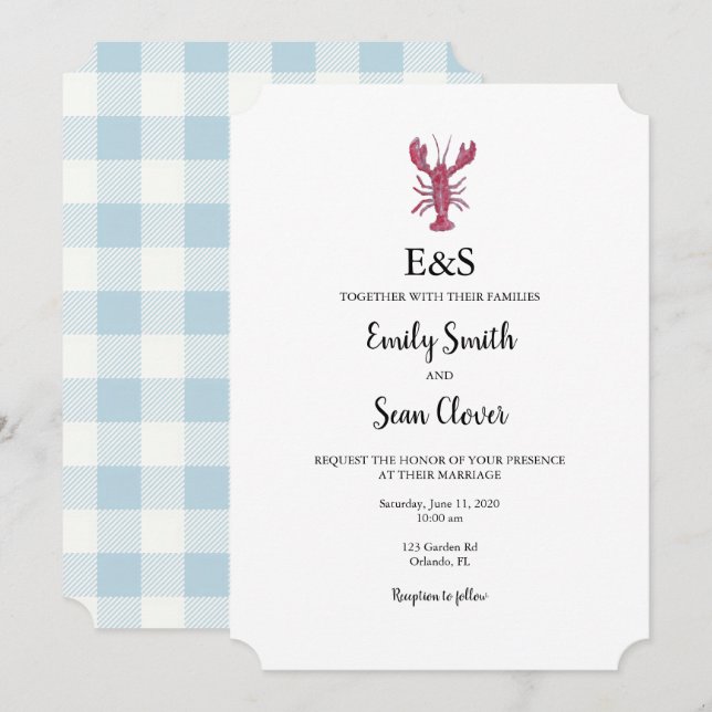 Lobster Nautical Wedding Monogram Blue Gingham Invitation (Front/Back)