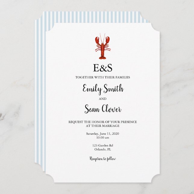 Lobster Nautical Wedding Monogram Blue Stripe Invitation (Front/Back)