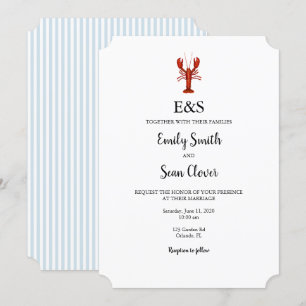 Lobster Nautical Wedding Monogram Blue Stripe Invitation