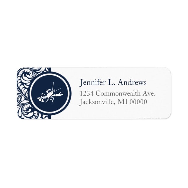 Lobster Navy Damask Return Address Beach Wedding Label (Front)