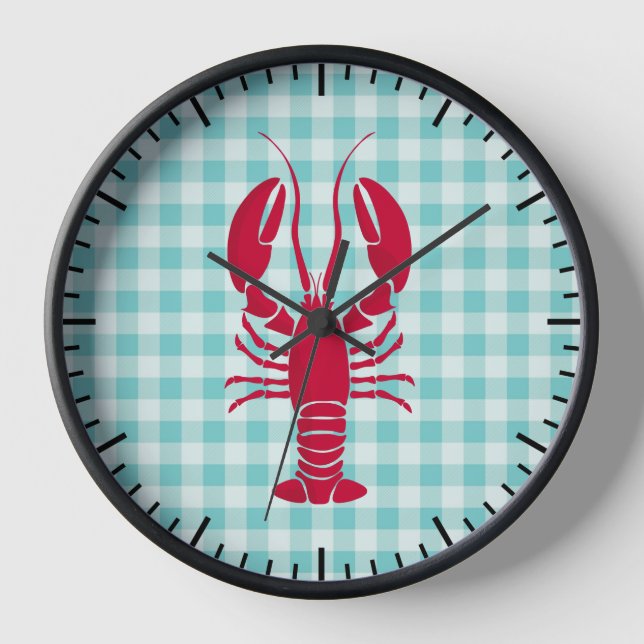 Lobster on Blue Gingham Kitchen Clock (Front)