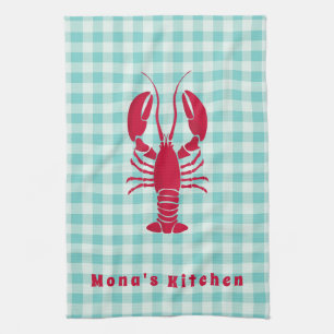 Lobster on Blue Gingham Personalised Tea Towel