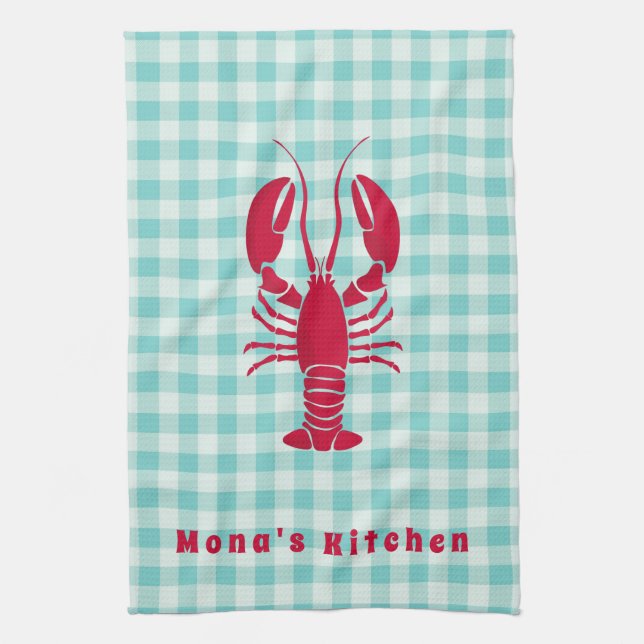 Lobster on Blue Gingham Personalised Tea Towel (Vertical)