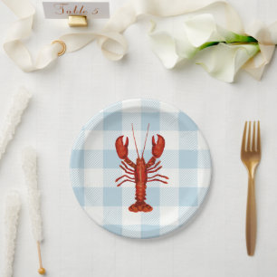 Lobster Painting Nautical Blue Gingham Coastal Paper Plate