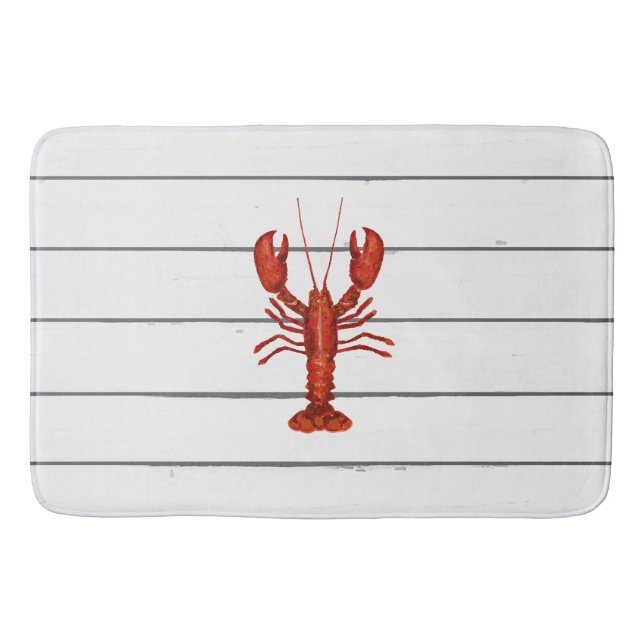 Lobster Painting Nautical Blue Stripe Coastal Bath Mat (Front)