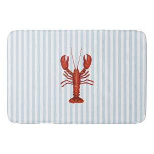 Lobster Painting Nautical Blue Stripe Coastal Bath Mat