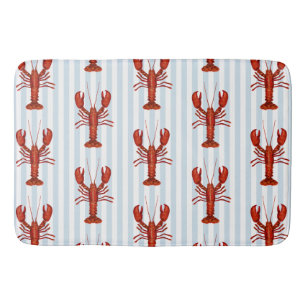 Lobster Painting Nautical Blue Stripe Coastal Bath Mat