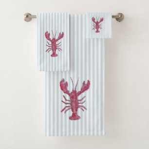Lobster Painting Nautical Blue Stripe Coastal Bath Towel Set
