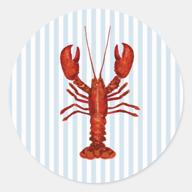 Lobster Painting Nautical Blue Stripe Coastal Classic Round Sticker (Front)