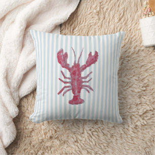 Lobster Painting Nautical Blue Stripe Coastal Cushion