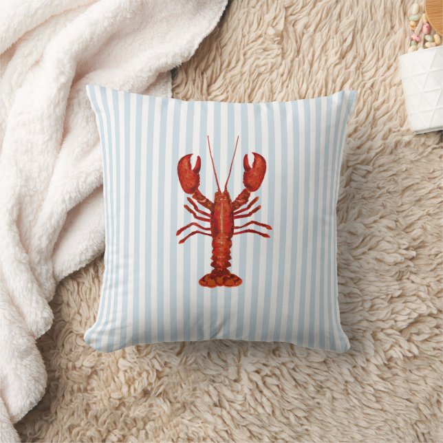 Lobster Painting Nautical Blue Stripe Coastal Cushion (Blanket)