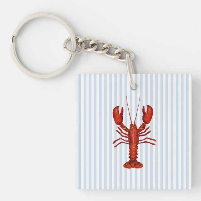 Lobster Painting Nautical Blue Stripe Coastal Key Ring (Front)