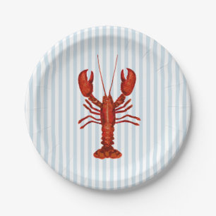 Lobster Painting Nautical Blue Stripe Coastal Paper Plate