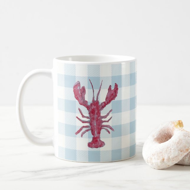 Lobster Painting Nautical Coastal Gingham Pattern Coffee Mug (With Donut)