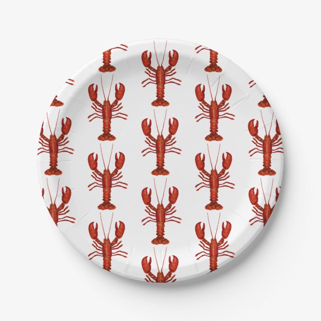 Lobster Painting Nautical Pattern Coastal Paper Plate (Front)