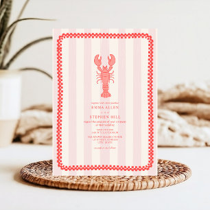 Lobster Pink Stripe Chequerboard Nautical Wedding Invitation